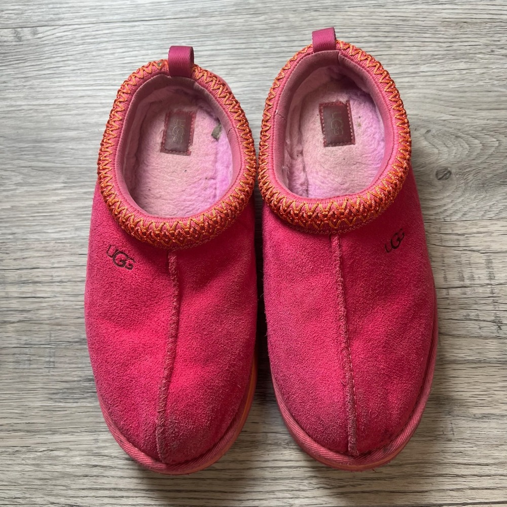 UGG Tasman Slipper Womens 8 Pink Suede Embroidered Braid Shearling Lined Shoes
